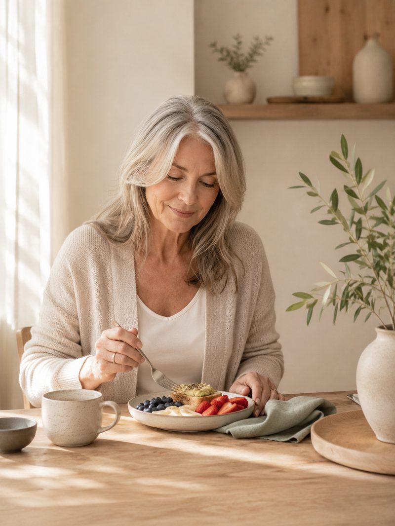 Mujer disfrutando un desayuno real